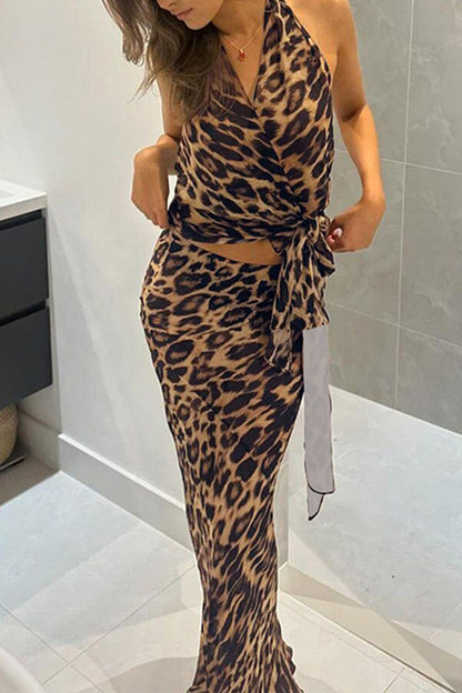 Sexy Vintage Print Leopard Bandage Backless Stringy Selvedge V Neck Sleeveless Two Pieces