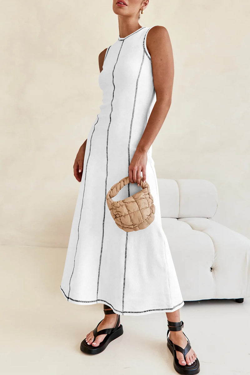 Casual Striped Contrast Weave O Neck Sleeveless Dresses