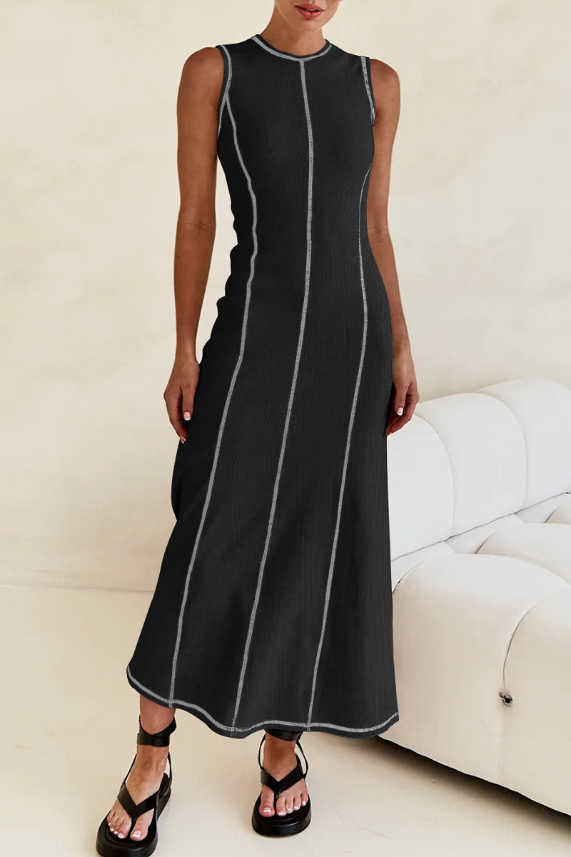 Casual Striped Contrast Weave O Neck Sleeveless Dresses