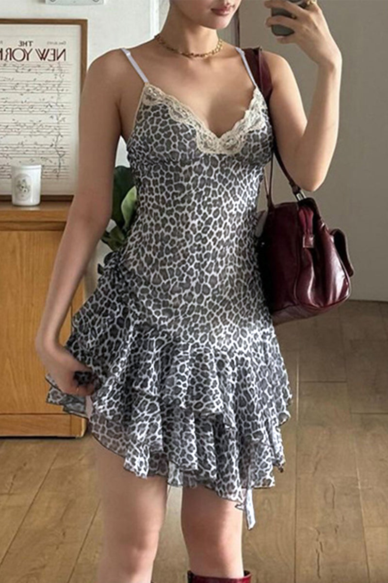 Sexy Vintage Leopard Mesh V Neck Sling Dresses Black