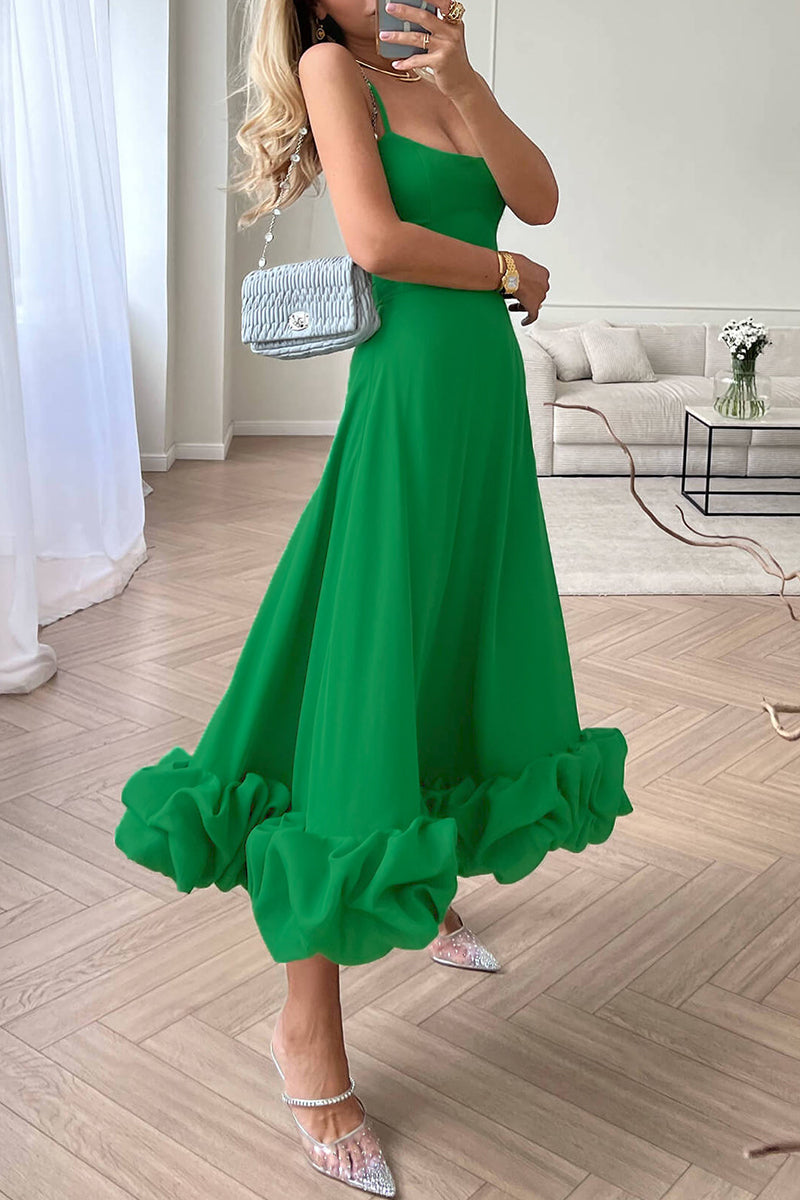 Celebrities Elegant Solid Fold Square Collar Sling Dresses Green