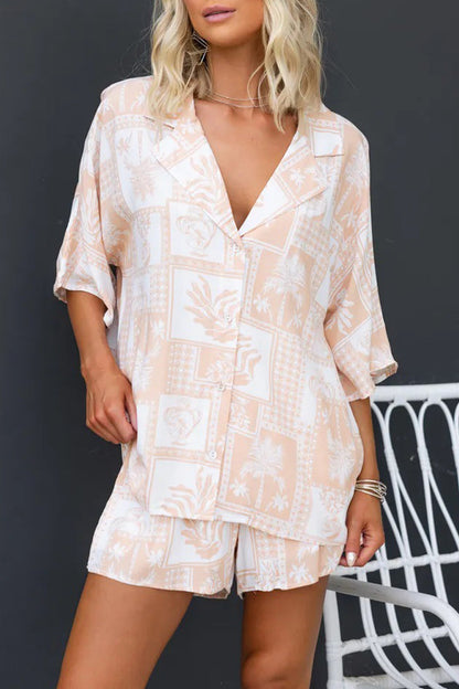 Casual Vacation Geometric Print Buttons Contrast Turndown Collar Half Sleeve Two Pieces Coffee