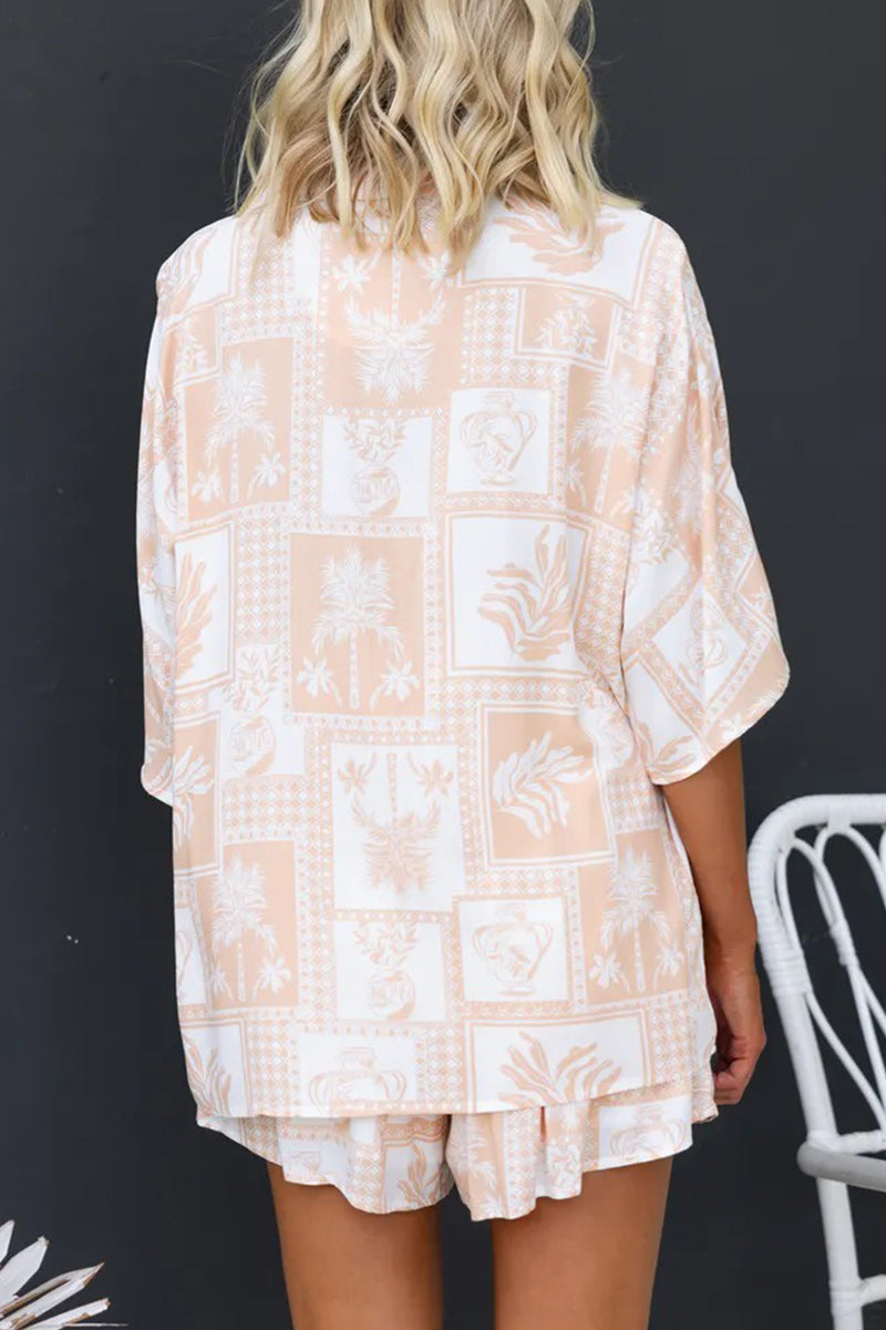 Casual Vacation Geometric Print Buttons Contrast Turndown Collar Half Sleeve Two Pieces