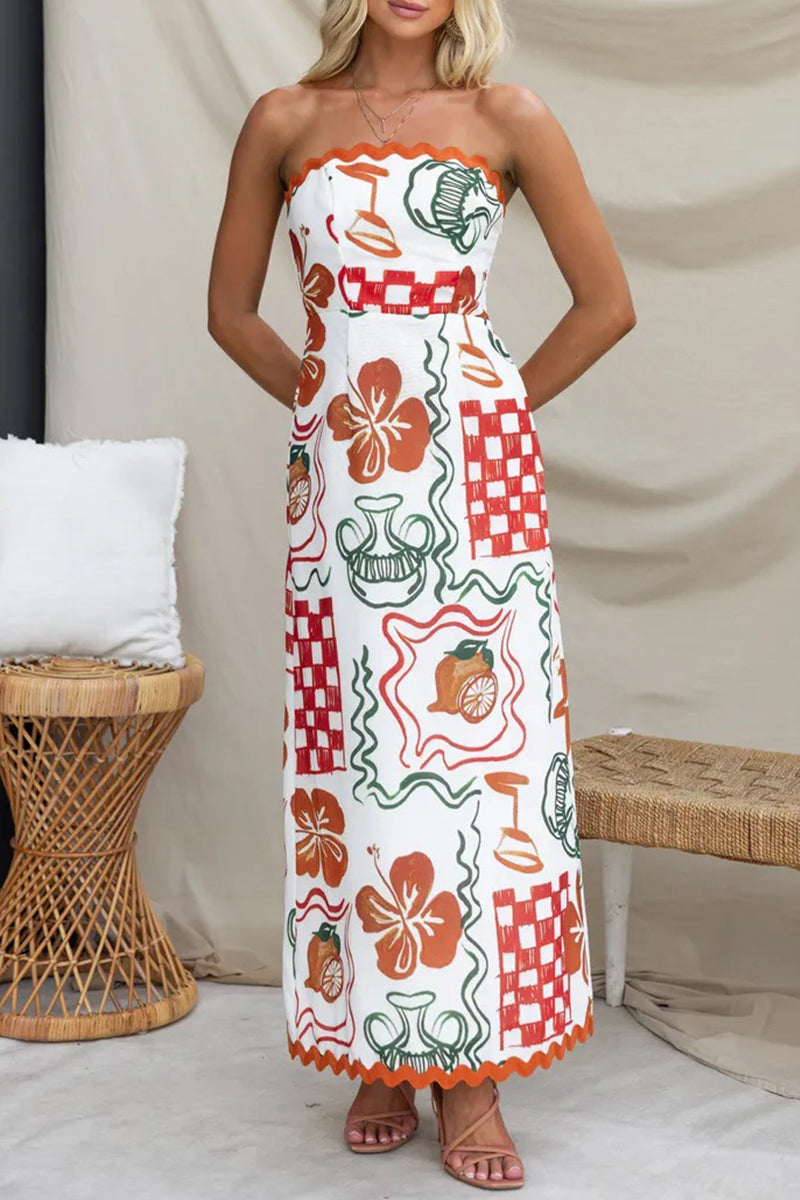 Casual Floral Fold Strapless Printed Dresses White Orange