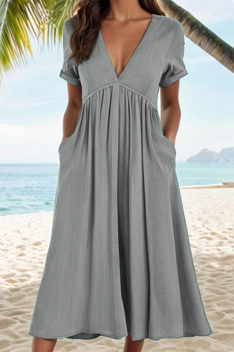 Casual Solid Pocket Fold V Neck A Line Dresses Grey