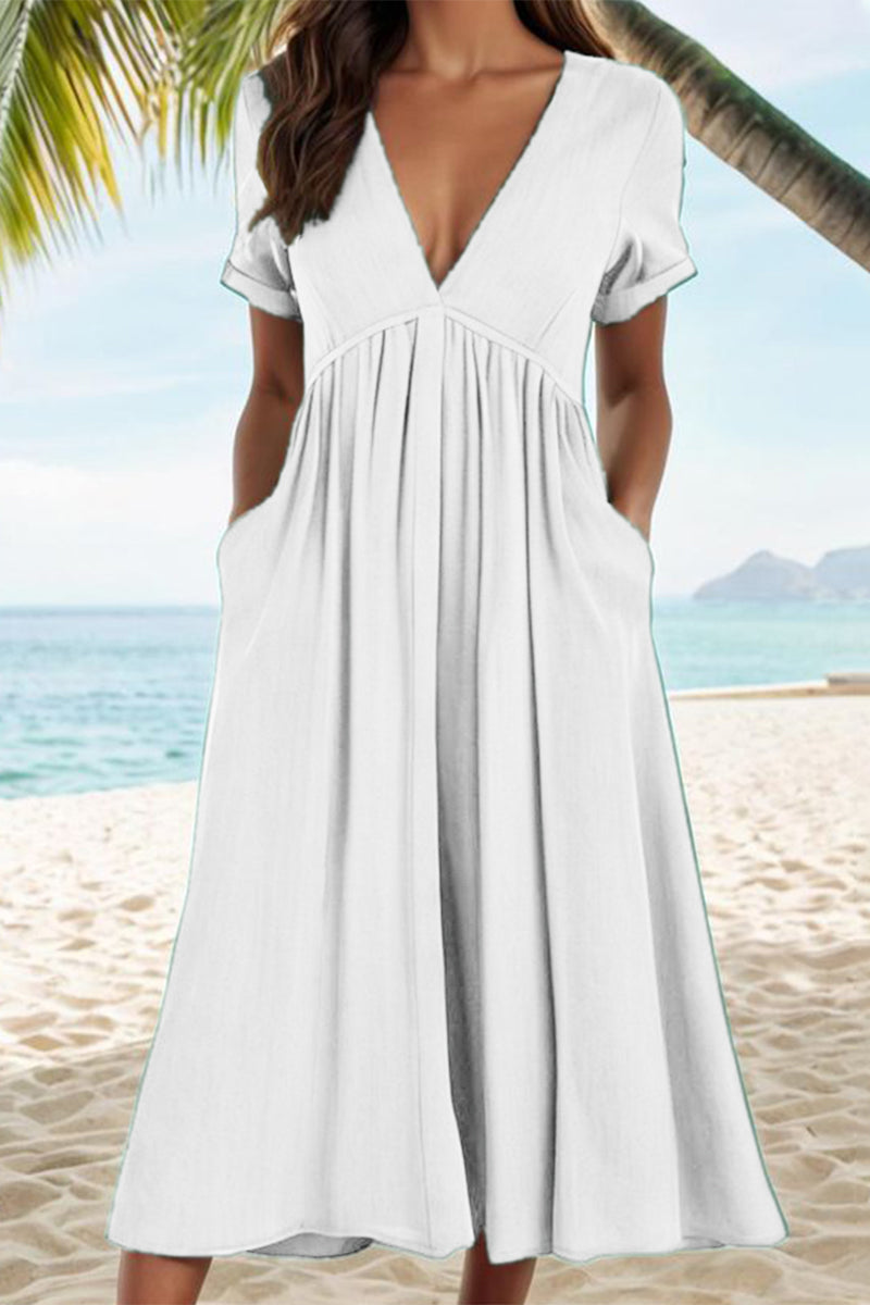 Casual Solid Pocket Fold V Neck A Line Dresses White