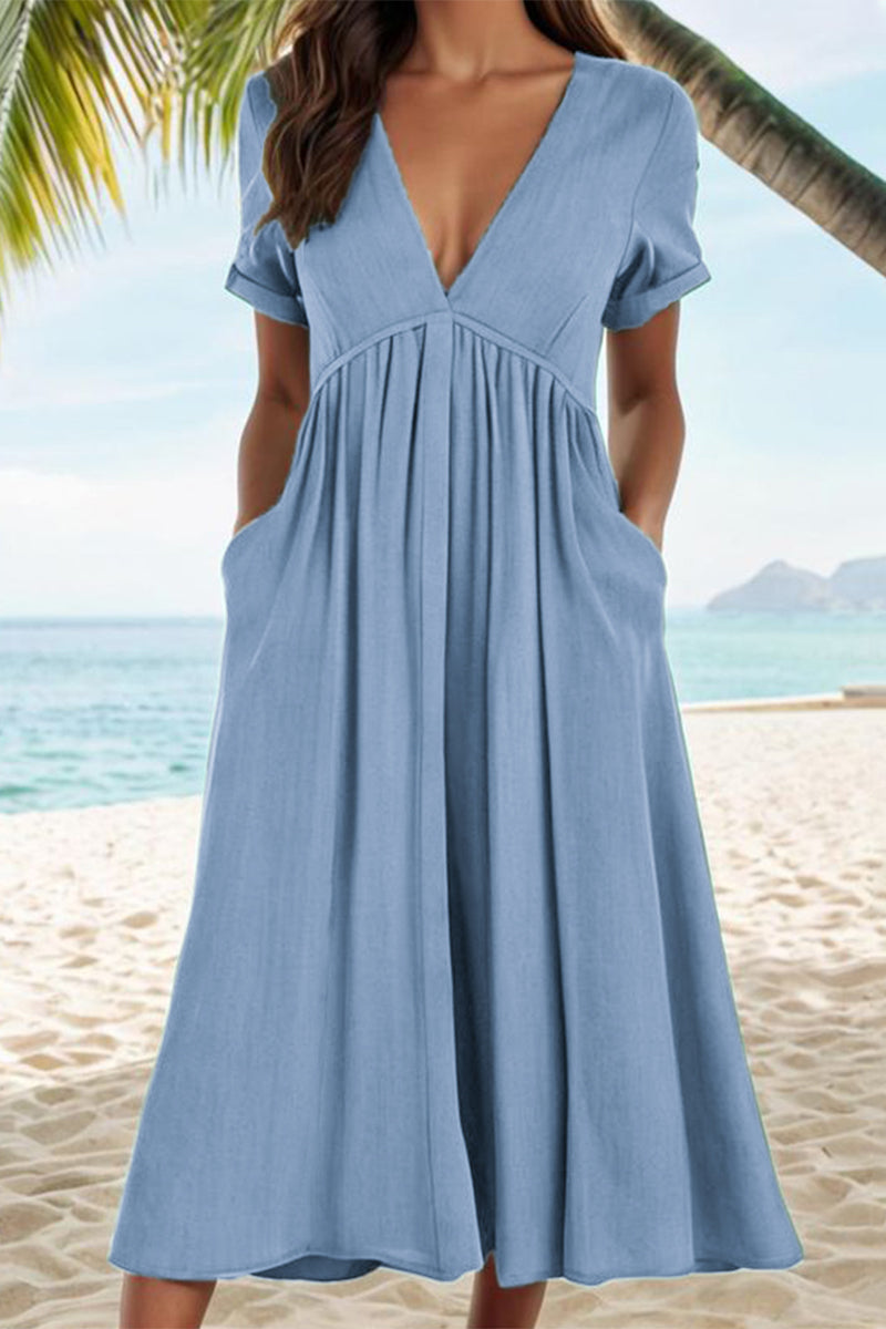 Casual Solid Pocket Fold V Neck A Line Dresses Sky Blue