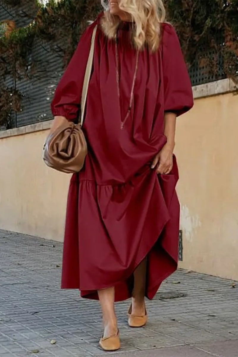 Casual Solid Patchwork Off the Shoulder A Line Dresses Burgundy