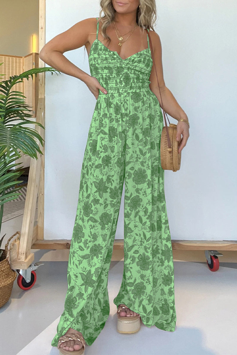 Casual Vintage Print Flowers Fold V Neck Loose Jumpsuits Green