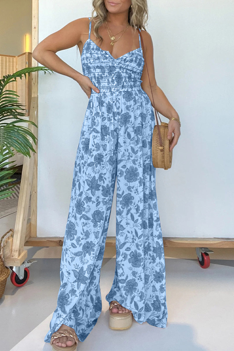 Casual Vintage Print Flowers Fold V Neck Loose Jumpsuits Blue