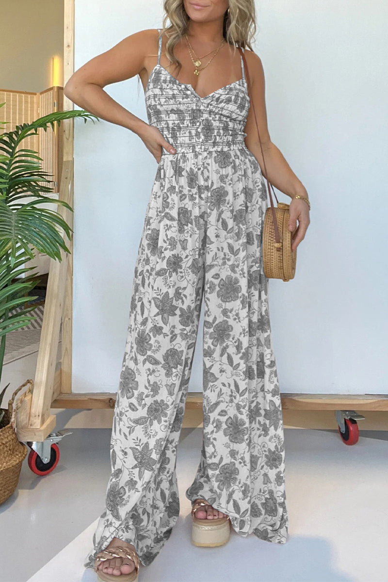 Casual Vintage Print Flowers Fold V Neck Loose Jumpsuits Grey