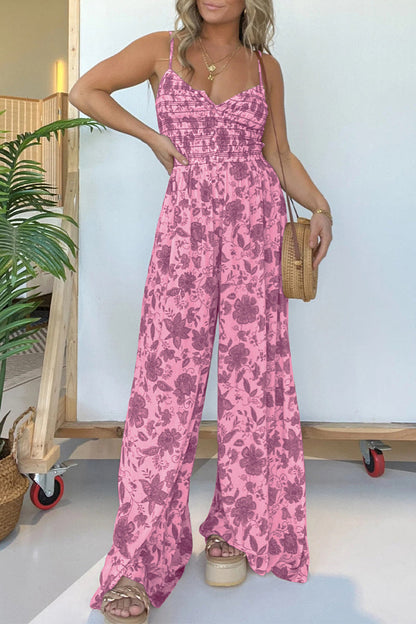 Casual Vintage Print Flowers Fold V Neck Loose Jumpsuits Pink