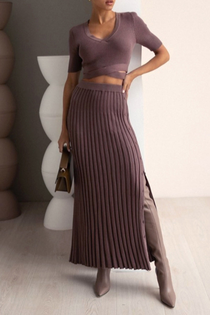 Elegant Solid Slit V Neck Short Sleeve Two Pieces Dark Brown