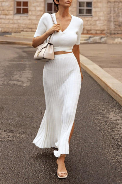 Elegant Solid Slit V Neck Short Sleeve Two Pieces Cream White