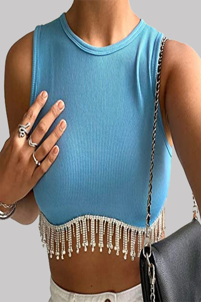 Sexy Solid Tassel Beaded O Neck Tops Blue