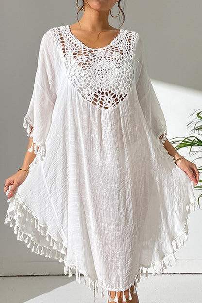 Sexy Vacation Solid Hook Flower Tassel Hollowed Out Swimwears Cover Up White One Size