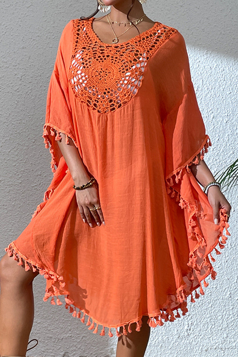 Sexy Vacation Solid Hook Flower Tassel Hollowed Out Swimwears Cover Up Orange One Size