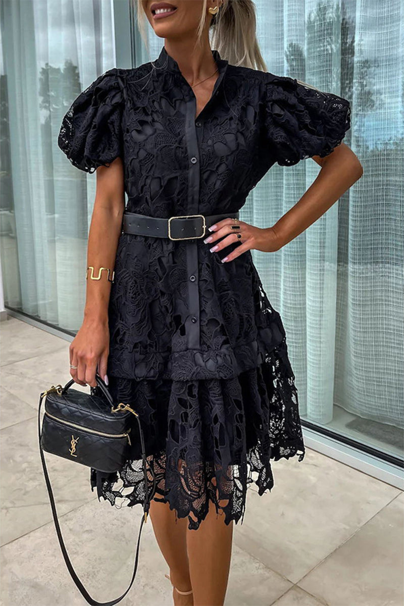 Elegant Solid Hollowed Out Buttons With Belt Turndown Collar A Line Dresses Black