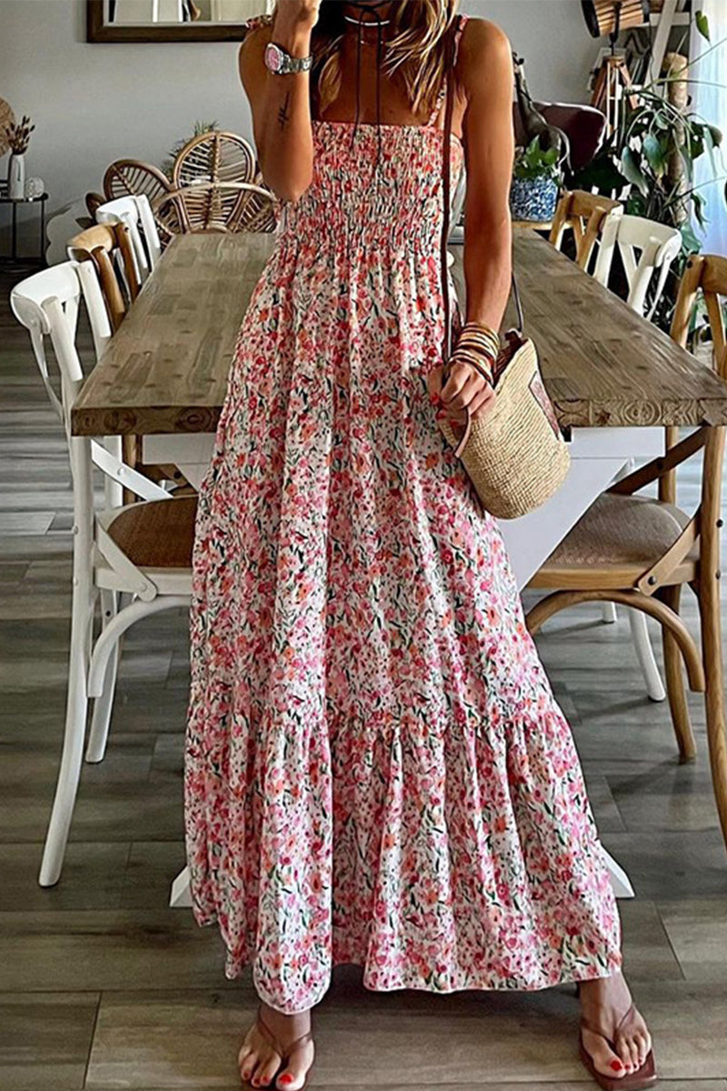 Bohemian Print Flowers Patchwork Sling Dresses Pink