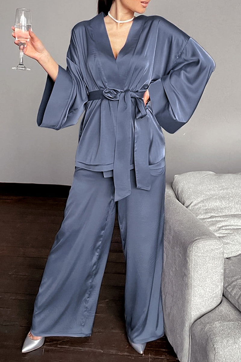 Casual Simplicity Solid Bandage V Neck Long Sleeve Two Pieces Blue