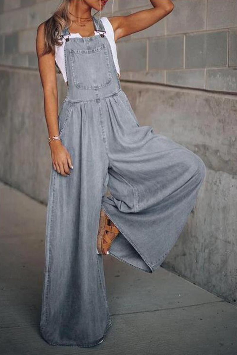 Fashion Casual Solid Pocket Spaghetti Strap Loose Jumpsuits