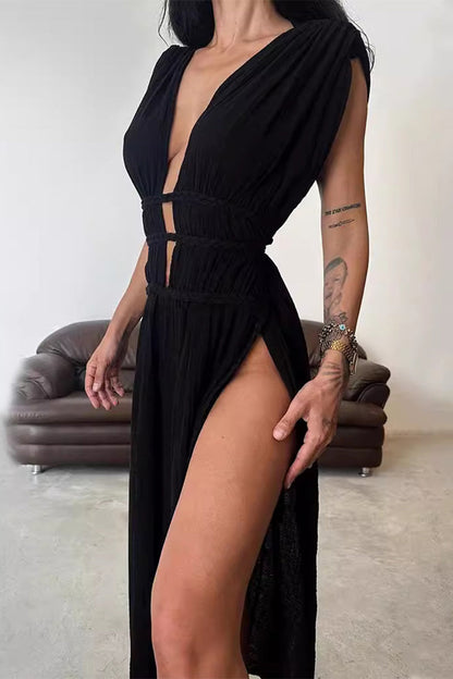 Sexy Bohemian Solid Slit V Neck Beach Dresses