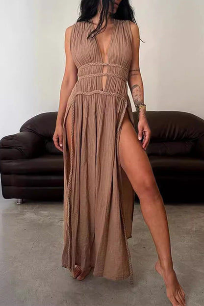 Sexy Bohemian Solid Slit V Neck Beach Dresses Dark Brown One Size