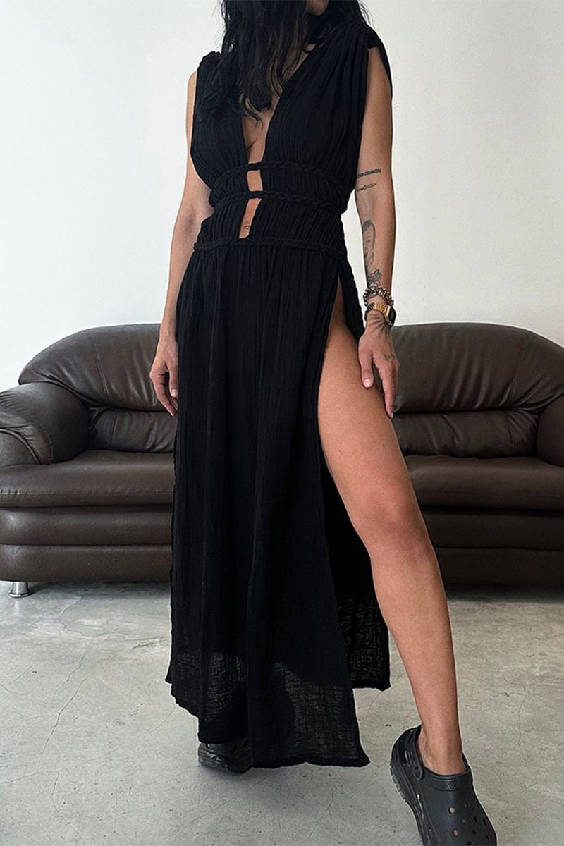 Sexy Bohemian Solid Slit V Neck Beach Dresses Black One Size