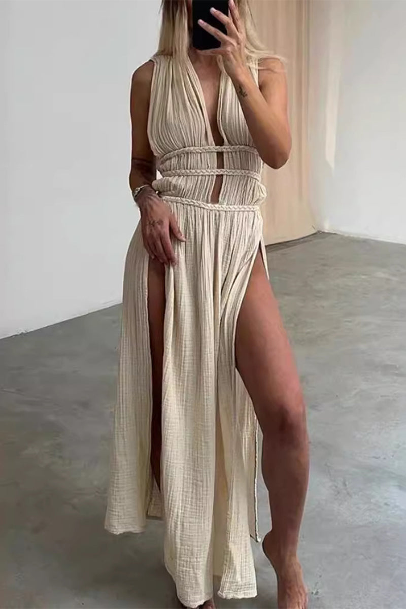 Sexy Bohemian Solid Slit V Neck Beach Dresses Cream White One Size