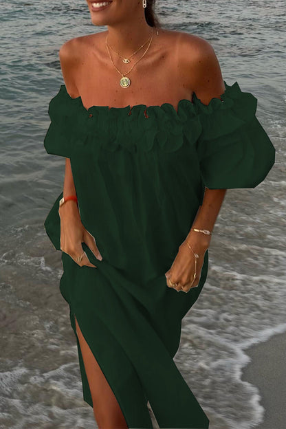 Sexy Solid Slit Fold Off the Shoulder Beach Dresses(5 Colors) Ink Green