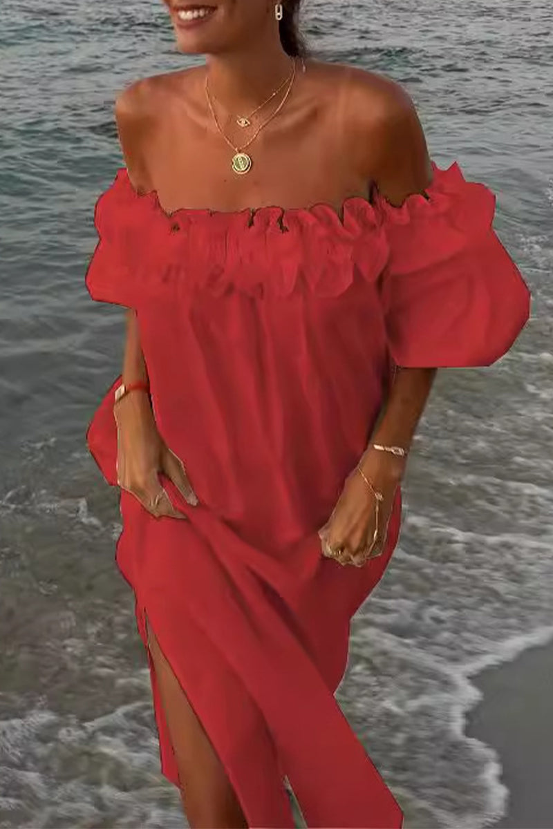 Sexy Solid Slit Fold Off the Shoulder Beach Dresses(5 Colors) Red