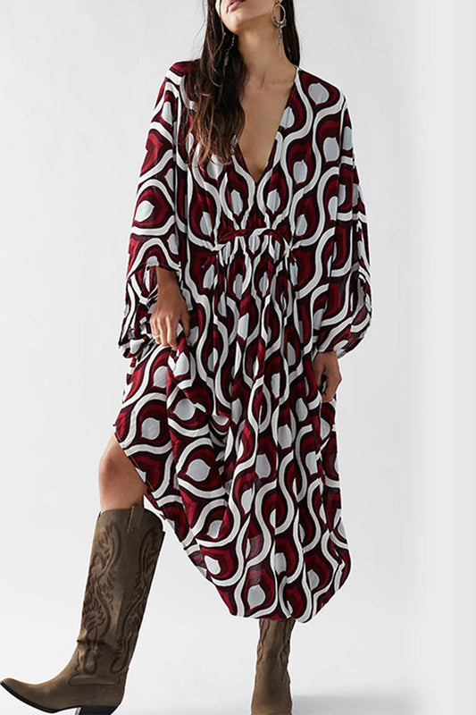 Vintage Vacation Geometric Print Contrast Swimwears Cover Up Burgundy One Size