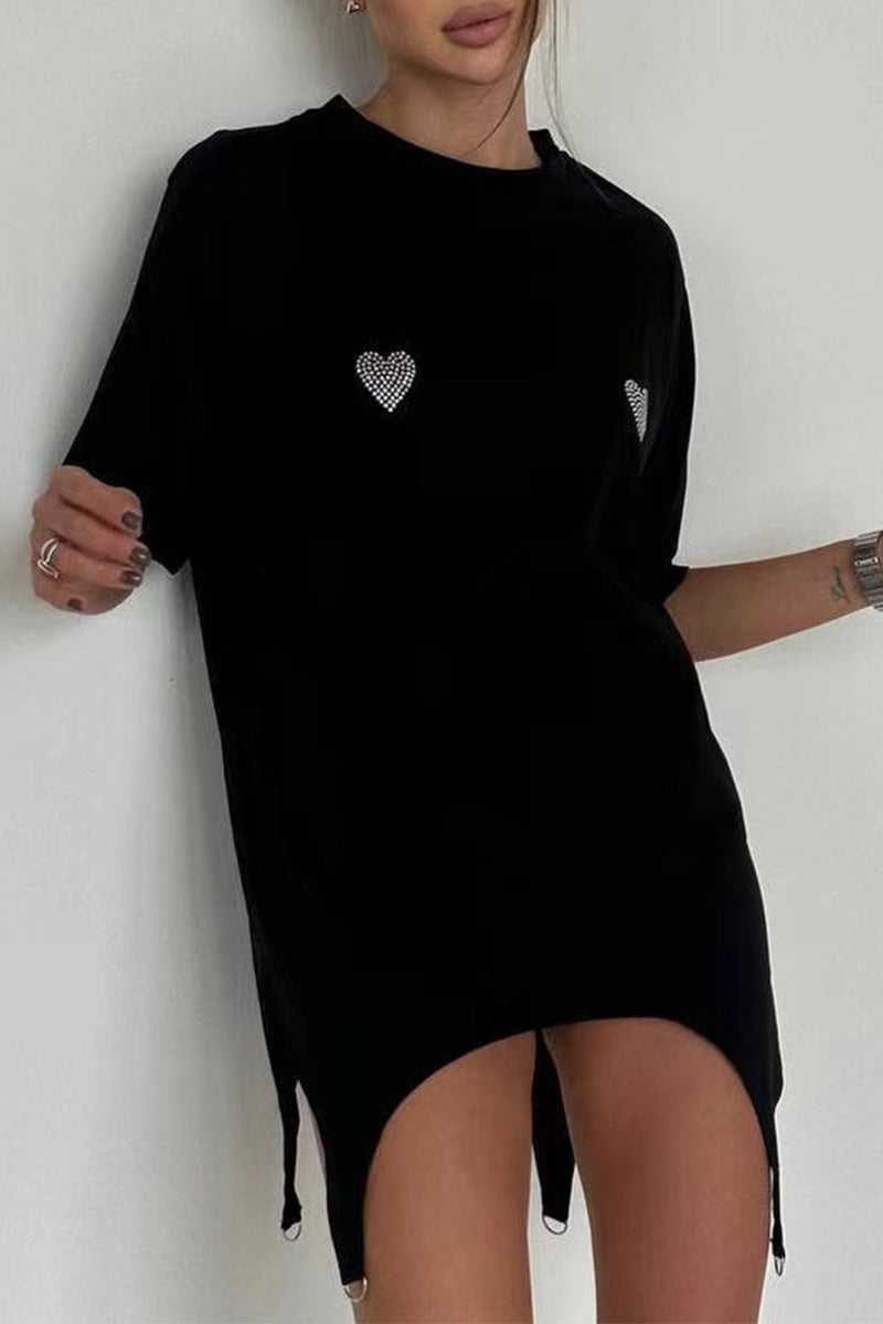 Casual Letter Heart Shaped Asymmetrical Hot Drill O Neck T-Shirts Black