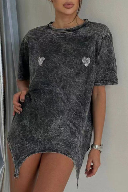 Casual Letter Heart Shaped Make Old Asymmetrical Hot Drill O Neck T-Shirts Grey