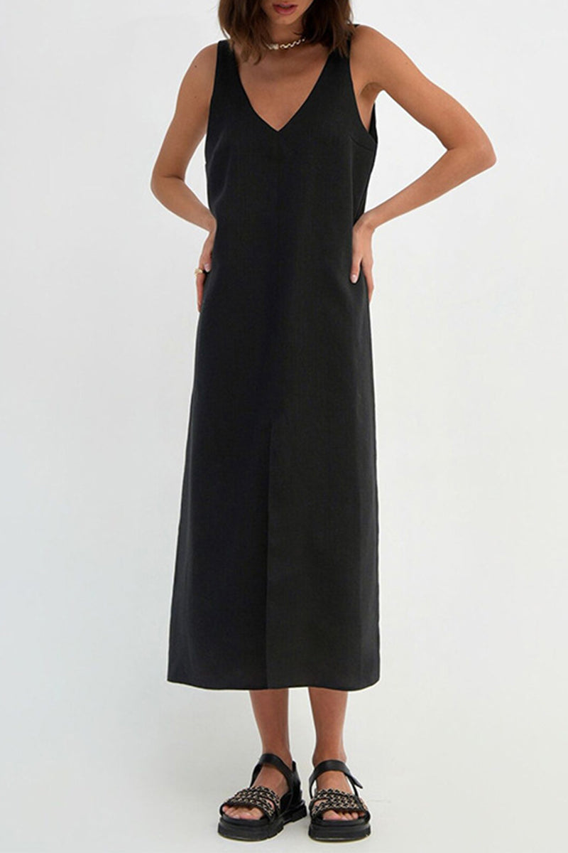 Casual Simplicity Solid V Neck Sleeveless Dresses Black