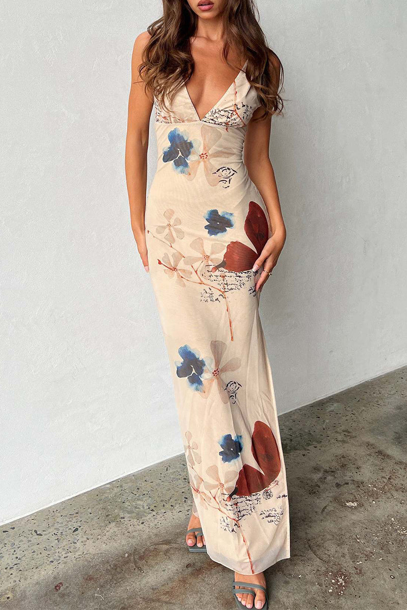 Sexy Print Butterfly Flowers Slit V Neck One Step Skirt Dresses Apricot