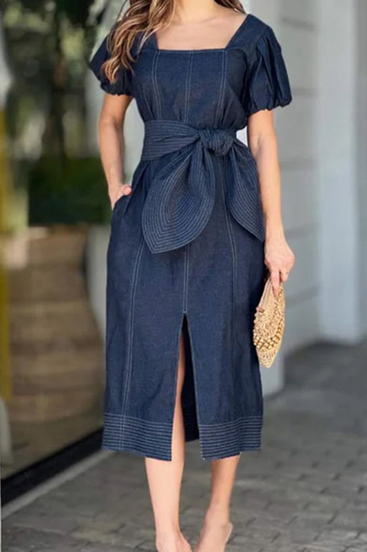 Casual Solid Patchwork Slit Square Collar Short Sleeve Regular Denim Dresses Deep Blue