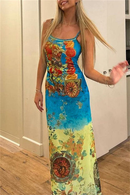 Sexy Print Backless Spaghetti Strap Long Dresses