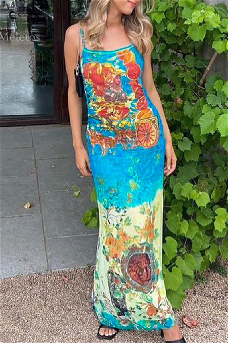 Sexy Print Backless Spaghetti Strap Long Dresses Colour