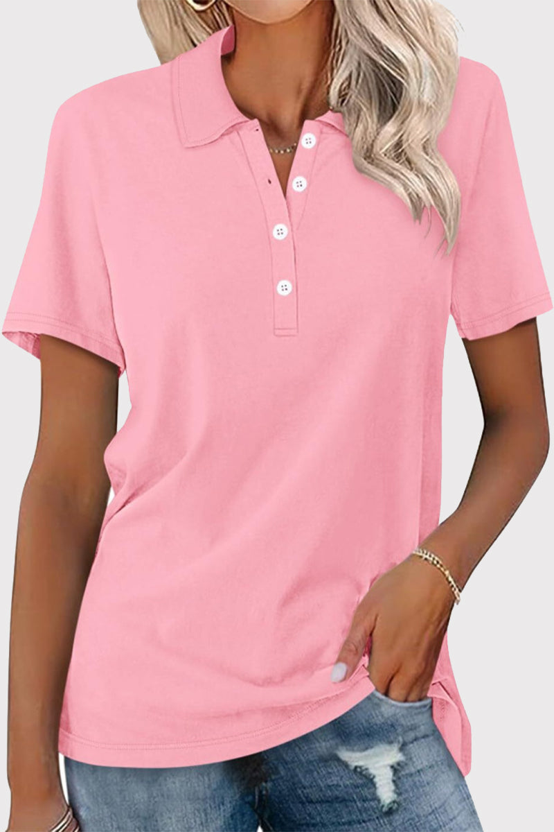 Casual Simplicity Solid Buckle Turndown Collar T-Shirts Light Pink