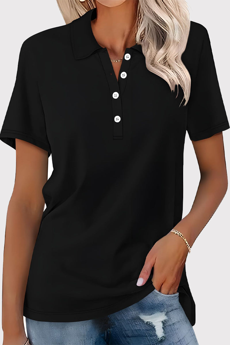 Casual Simplicity Solid Buckle Turndown Collar T-Shirts Black