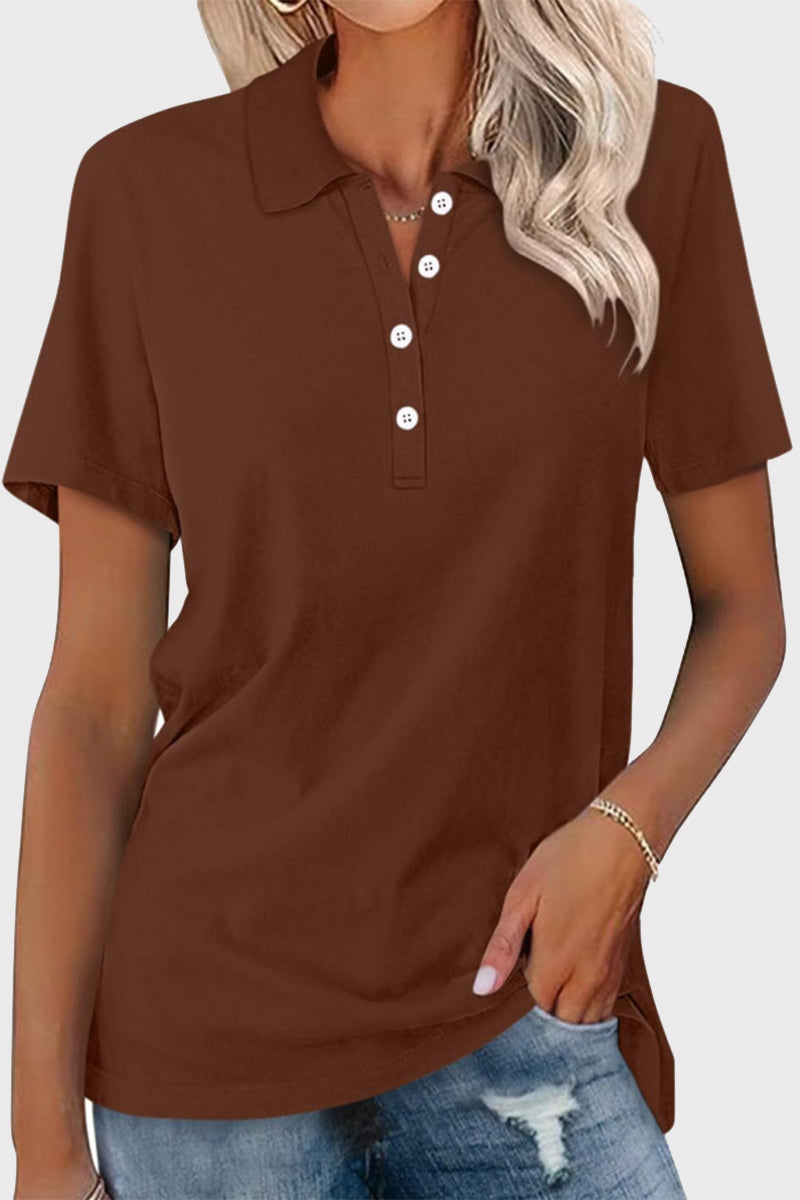 Casual Simplicity Solid Buckle Turndown Collar T-Shirts Brown