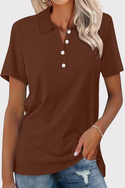 Casual Simplicity Solid Buckle Turndown Collar T-Shirts Brown