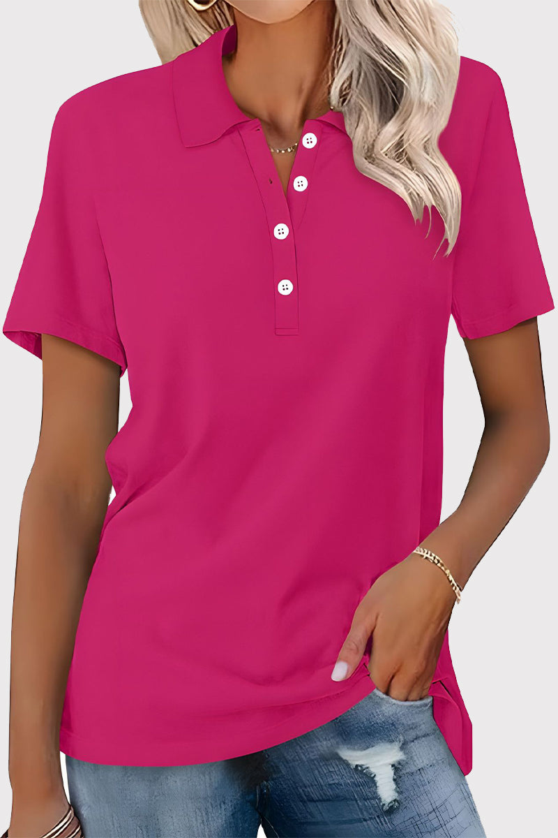 Casual Simplicity Solid Buckle Turndown Collar T-Shirts Rose Red