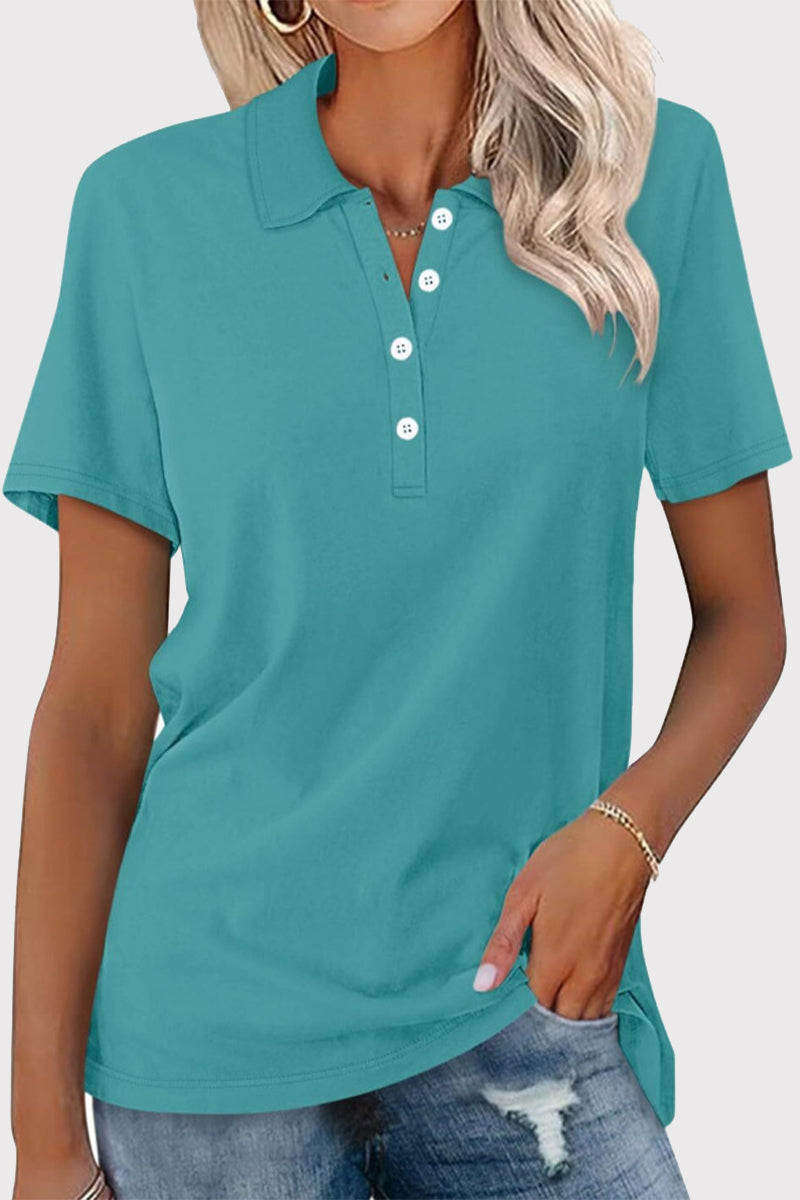 Casual Simplicity Solid Buckle Turndown Collar T-Shirts Lake Blue