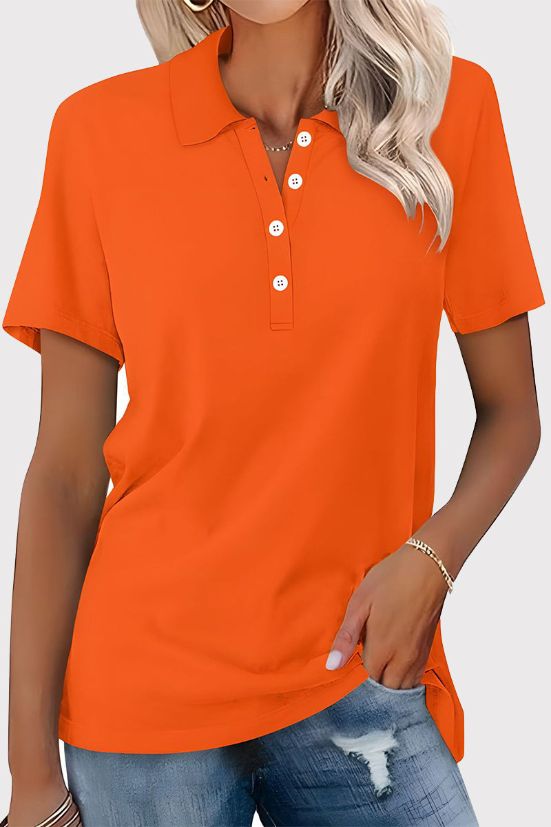 Casual Simplicity Solid Buckle Turndown Collar T-Shirts Orange