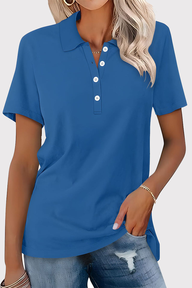 Casual Simplicity Solid Buckle Turndown Collar T-Shirts Blue