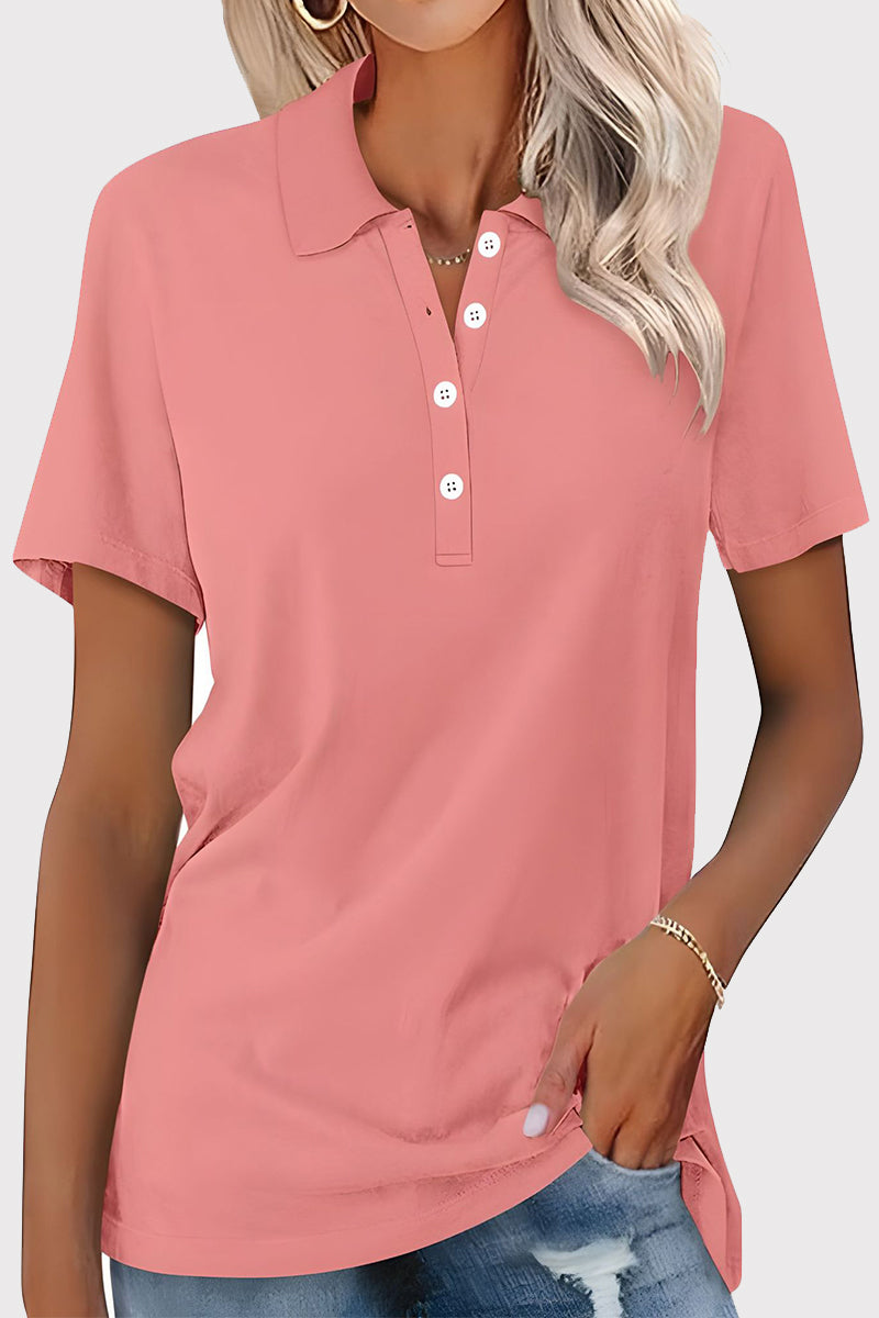 Casual Simplicity Solid Buckle Turndown Collar T-Shirts Pink