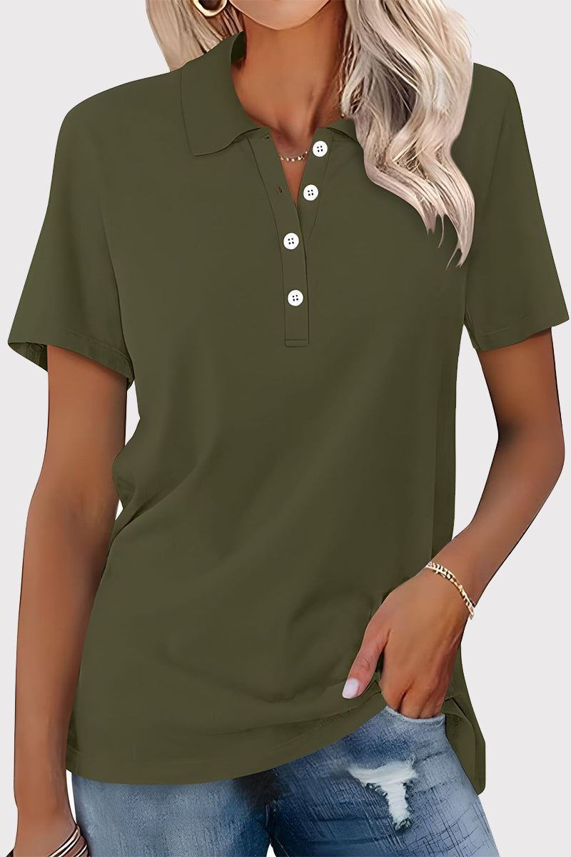 Casual Simplicity Solid Buckle Turndown Collar T-Shirts Green