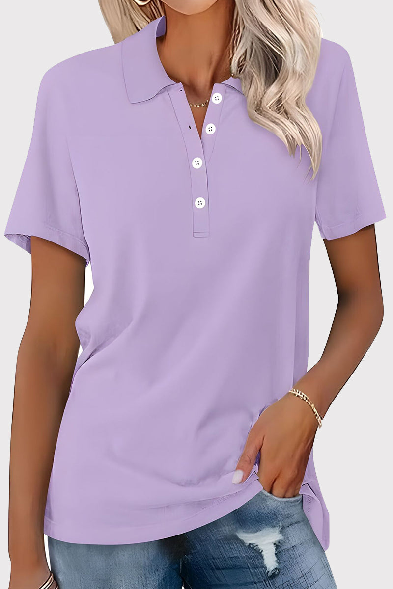 Casual Simplicity Solid Buckle Turndown Collar T-Shirts Purple